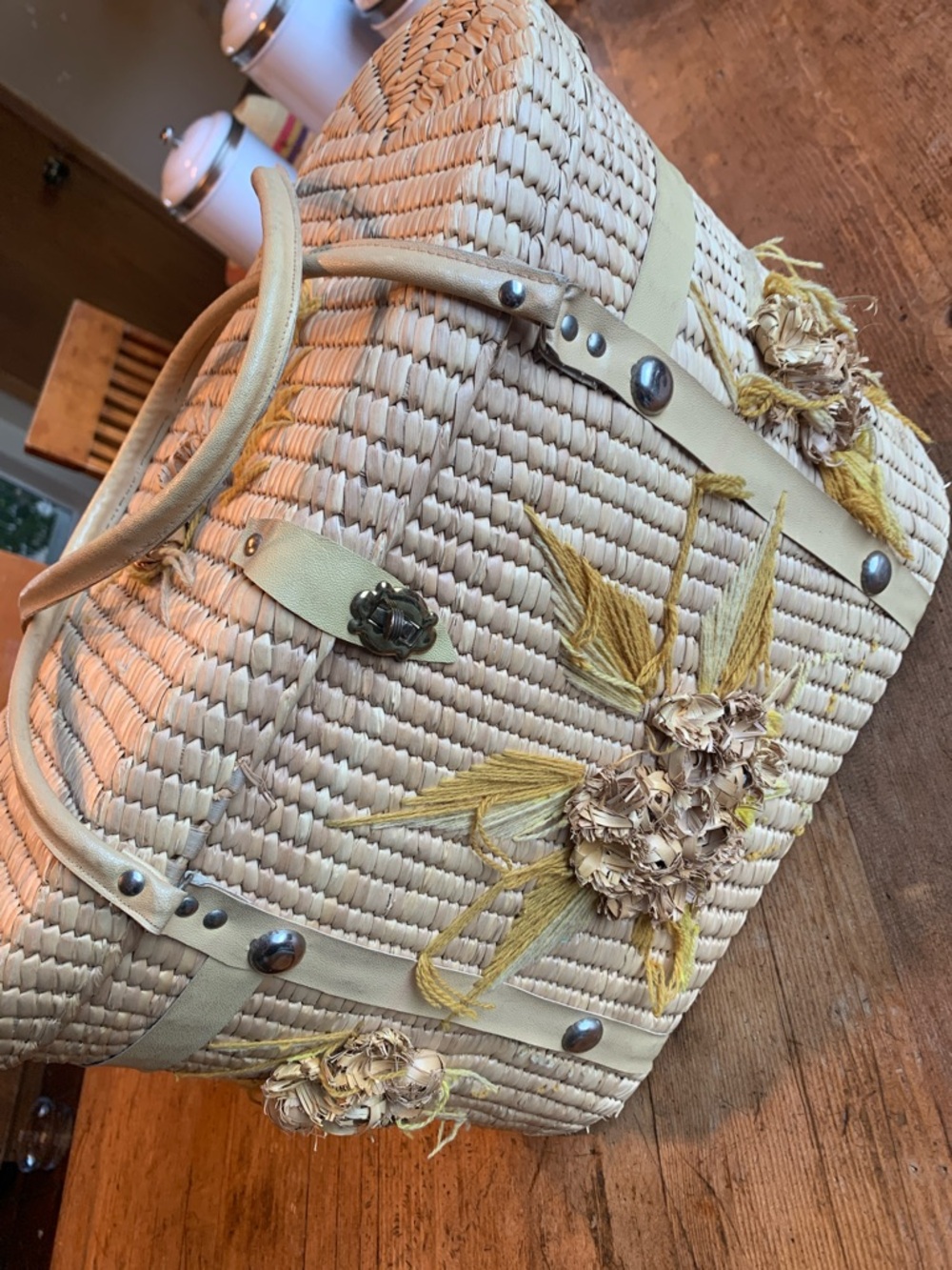 Vintage Woven Straw Tote with Yellow Floral Embroidery - Picture 7 of 16